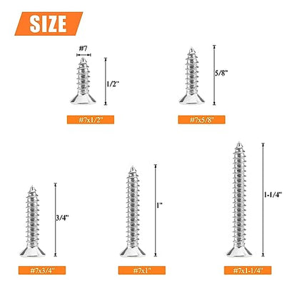#7 x 1/2" 5/8" 3/4" 1" 1-1/4" Wood Screws Set, HELIFOUNER 160 Pieces Phillips Countersunk Head Self-Tapping Screws Assortment Kit, Phillips Flat Head Wood Screws, 304 Stainless Steel - size: #7