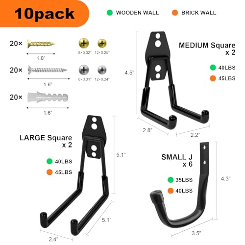 Heavy Duty Wall Garage Hooks, Steel Anti-Slip Utility Hooks Storage Organization Hangers for Ladders, Bikes, Hose, Garden Tools, Coats, Bags with Mounting Hardware Kit (Black, 10 Pack) - color: Black(10pcs)