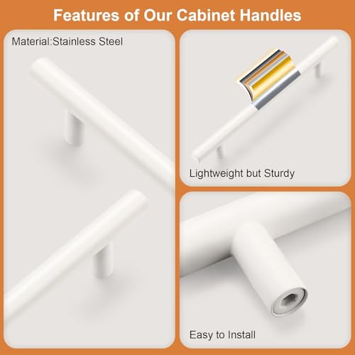 Probrico 5 Pack Hole Centers (128mm) 5inch White Kitchen Cabinet Handles Stainless Steel White Cabinet Pulls Round T Bar Pull Handle for Cabinets and Drawers Total Length 7.5inch - color: White, size: Hole Centers: 5"