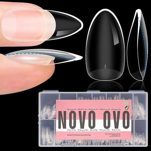 NOVO OVO Extra Thick Almond Nail Tips Press on Natural Curve, Medium Soak Off Soft Gel Fake Nail Extension, Full Cover Matte Cuticle False Nails for Acrylic French, Salon DIY x 14 Sizes 336 pcs - color: Medium Almond Extra Thick