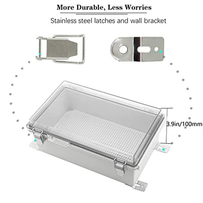 Zulkit Junction Box,IP67 Waterproof Electrical Box Hinged Clear Cover Stainless Steel Buckle Plastic Enclosure for Project w Mounting Plate Wall Bracket and 2 Cable Gland 10.2 x 6.3 x 3.9 Inch - color: Clear Cover, size: 10.2" x 6.3" x 3.9"