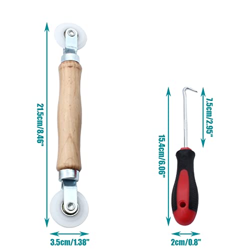 3 Pcs Window Door Screen Repair Kit, Screen Spline Roller Tool with Wooden Handle & Nylon Bearing Wheels and Removal Hook