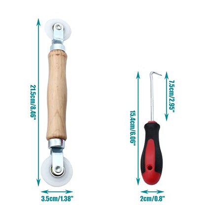 3 Pcs Window Door Screen Repair Kit, Screen Spline Roller Tool with Wooden Handle & Nylon Bearing Wheels and Removal Hook