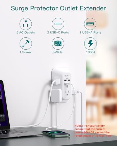 Addtam 5-Outlet Extender Surge Protector, Multi Plug Wall Outlet with 4 USB Wall Charger(2 USB C Ports), Outlet Splitter Power Strip for Home Office Dorm Room Essentials, Plug Extension Outlet 1800J - size: 2C2A