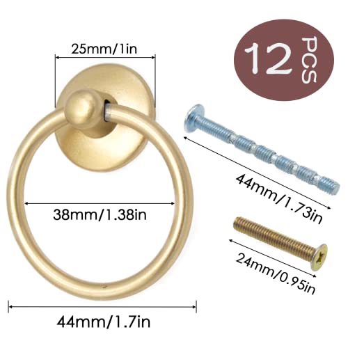 12pcs Matte Gold Round Ring Cabinet Drawer Pulls, Zinc Alloy Handles, Single HoleDrawer Pulls Knobs, Gold Handles Hardware for Cupboard Cabinet Drawer - color: 12pcs Gold