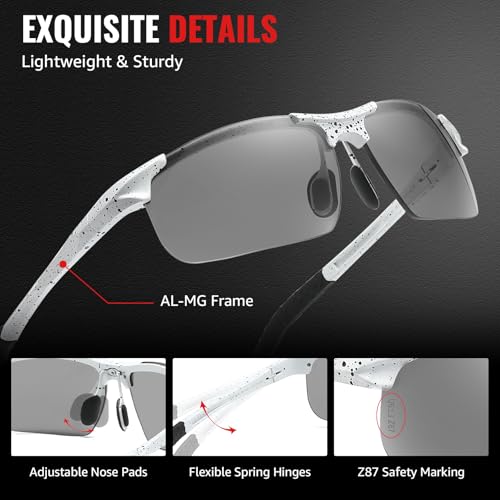TJUTR Mens Photochromic Sunglasses Day & Night Driving Z87 Sun Glasses Polarized UV400 Protection Safety Glasses - color: B White Black Dot/Z87 Photochromic Polarized Safety Lens
