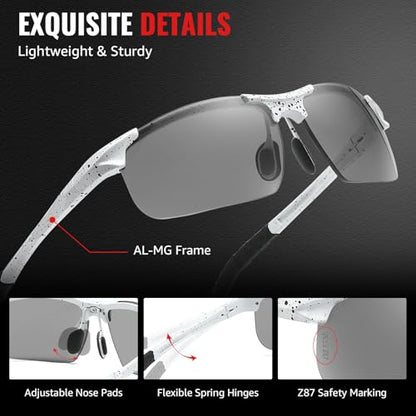 TJUTR Mens Photochromic Sunglasses Day & Night Driving Z87 Sun Glasses Polarized UV400 Protection Safety Glasses - color: B White Black Dot/Z87 Photochromic Polarized Safety Lens