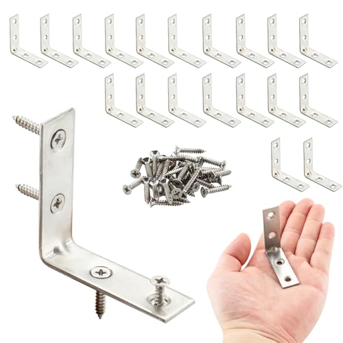 HOME MASTER HARDWARE 2 inch L Bracket Corner Brace Sets, Stainless Steel Corner Bracket, Joint Right Angle Brackets with Screws for Shelves Wood Furniture Frame(20 Pack) - size: 2 " Stainless Steel-20Pack