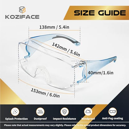 Koziface Safety Glasses for Men and Women White Blue Pink Over Eye Glasses Prescription Anti Fog Clear Lens Side Shields C31 - color: Blue