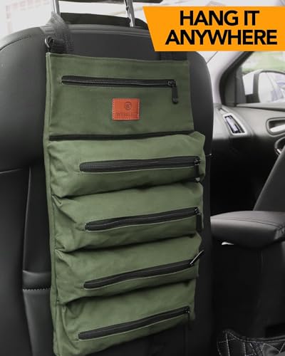 Tool Roll Up Pouch - 16oz Canvas Multi-Purpose Wrench Roll Up Bag, Organizer with 5 Zipper Tool Pockets, Hanging Carrier (Green) - color: Green, size: 5 Zipper Pockets