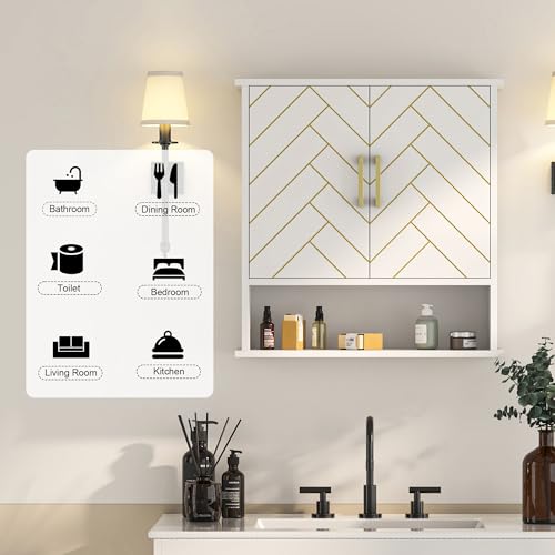 White Chevron Pattern Bathroom Wall Mount Cabinet, Stylish Hanging Medicine Cabinet with Open Shelf, Over The Toilet Storage for Bathroom Kitchen (23 5/8" x 22 7/8" x 7 1/8") - style: Chevron Pattern-White