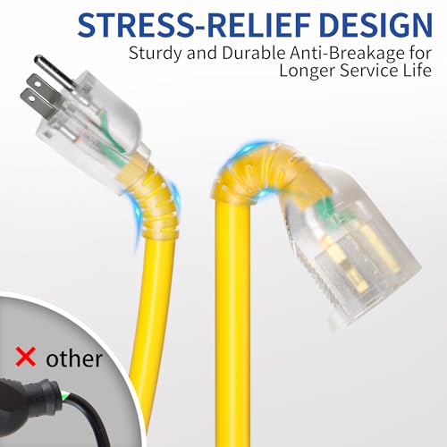200ft Outdoor/Indoor Extension Cord with Lighted 10/3 Gauge Ultra 3 Prong Heavy Duty SJTW, Waterproof, Flexible Cold-Resistant,15A 125V 1875W, Yellow - size: 200FT
