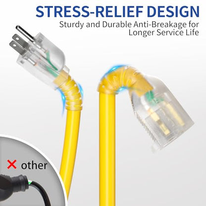 200ft Outdoor/Indoor Extension Cord with Lighted 10/3 Gauge Ultra 3 Prong Heavy Duty SJTW, Waterproof, Flexible Cold-Resistant,15A 125V 1875W, Yellow - size: 200FT