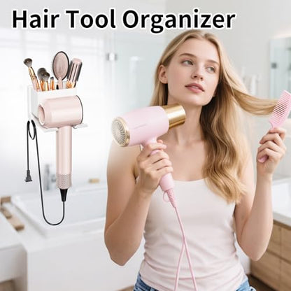 Hair Dryer Holder Wall Mounted, Hair Tools Organizer, Bathroom Space-Saving Blow Dryer Organizer Curling Irons Storage Hair Dryer Comb Attachments White (Self-Adhesive and Drilling) - color: White