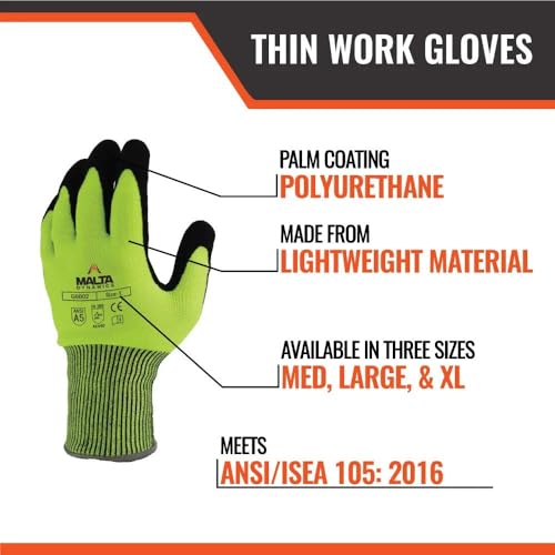Malta Dynamics Safety Work Protective Gloves – Mens Work Gloves with ANSI Cut Level A5 Protection, Touchscreen Compatible, OSHA and ANSI Compliant (Medium, 12 Pair)