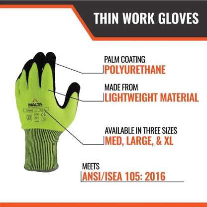 Malta Dynamics Safety Work Protective Gloves – Mens Work Gloves with ANSI Cut Level A5 Protection, Touchscreen Compatible, OSHA and ANSI Compliant (Medium, 12 Pair)