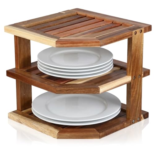 Mifoci 3 Tier Acacia Wood Corner Shelf Organizer for Kitchen Counter & Cabinet, Solid Wood Corner Rack Space Organizer for Plates, Dishes, Bowls, Cups, Pantry Storage, 9.5" x 10", Hardware Included