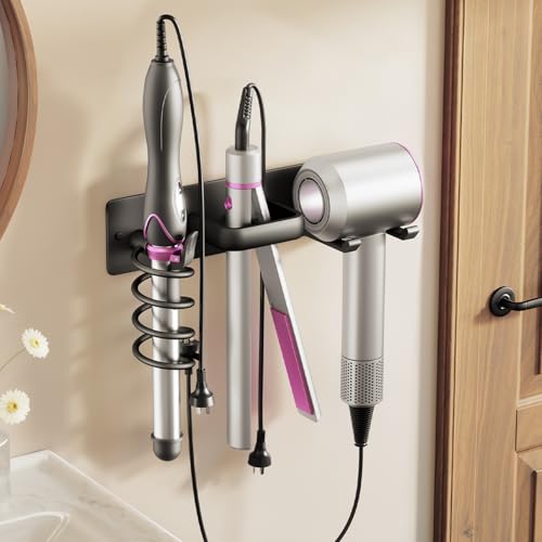 BSICPRO Hair Dryer Holder-3 in 1 Blow Dryer Holder-Metal Bathroom Hair Tool Organizer Wall Mounted-Bathroom Organizer for Hairdryer Curling Iron Flat Iron (Black) - color: Black