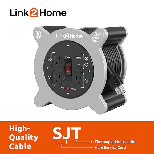 Link2Home Cord Reel 30 ft. Extension Cord 3 Power Outlets, 2 USB Ports A/C, 2.4A Fast Charge – 16 AWG SJT Cable.