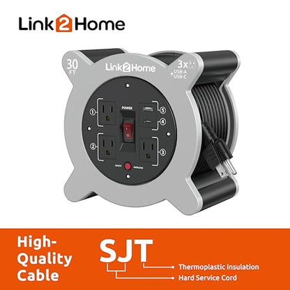 Link2Home Cord Reel 30 ft. Extension Cord 3 Power Outlets, 2 USB Ports A/C, 2.4A Fast Charge – 16 AWG SJT Cable.