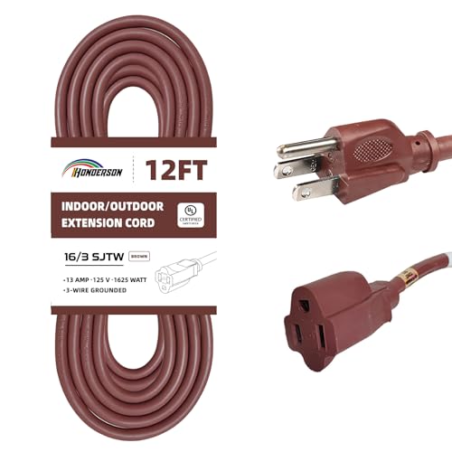 12FT Brown Outdoor Extension Cord-16/3 SJTW Durable Extension Cord for Christmas Lights with 3 Prong Grounded Plug, Great for Outside Christmas Decorations - color: Brown, size: 12FT