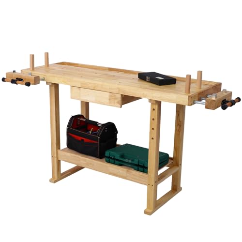 Montary 55-Inch Wood Workbench - Rubber Wooden Heavy Duty Work Bench with Drawer & Shelf, Perfect Work Bench for Garage Workshop, Woodworking Carpenter and Home W/Adjustable Handle - size: 1 Drawer