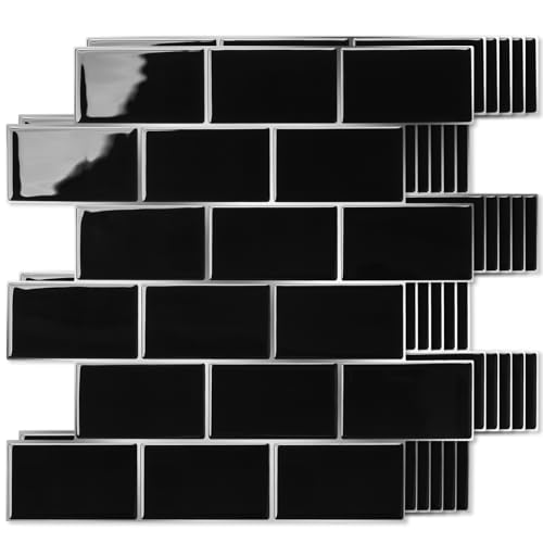 Art3d Peel and Stick Black with Silver Grout Wall Tiles – 10-Pack of 12 x12 Thickened Design Backsplash, Self-Adhesive Tile for Kitchen & Bathroom Decor - color: Black With Silver Grout