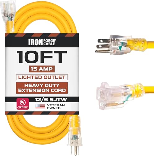 Iron Forge Cable 10 Foot Lighted Outdoor Extension Cord - 12/3 SJTW Heavy Duty Yellow Extension Cable with 3 Prong 15 AMP Grounded Plug for Safety - size: 10FT