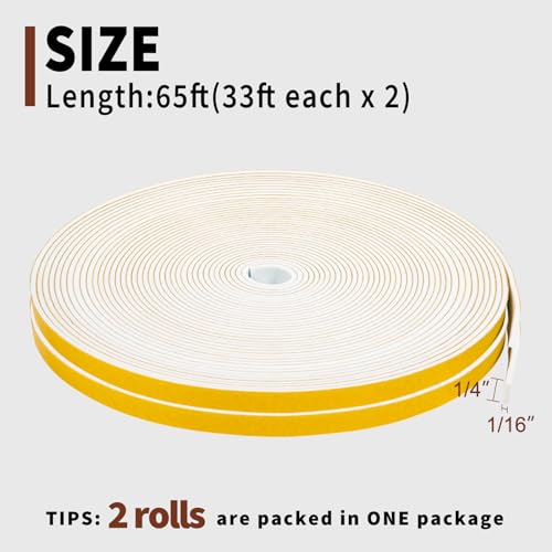 Yotache White Thin Weather Stripping 1/4" x1/16, Foam Gasket Seal Tape for Window, Sliding Door Jamb, Speaker, Dashboard, Total 65 Feet Long (2 X 33 Ft Each) - size: 1/4"x1/16"x65FT