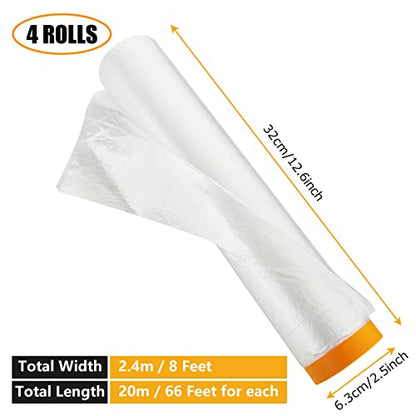 4 Rolls 8 x 66 Feet Plastic Sheeting, Painters Plastic Drop Cloths for Painting, Pre-Taped Masking Film Tape and Drape for Automotive Painting Covering, Furniture Floor Dustproof Cover - size: 8 X 66 Feet