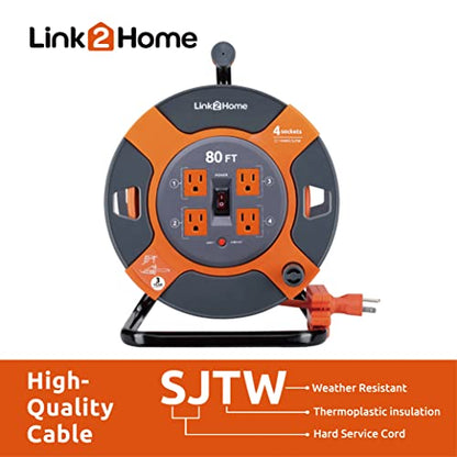 Link2Home Cord Reel 80 ft. Extension Cord 4 Power Outlets – 14 AWG SJTW Cable. Heavy Duty High Visibility Power Cord. - size: 80 ft