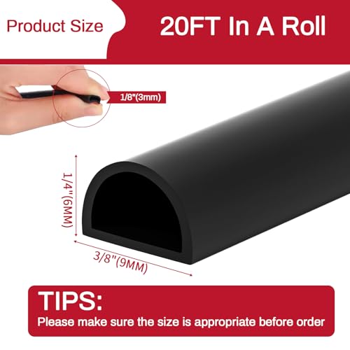 RAINFLOW 20FT Weather Stripping Door Seal - Self Adhesive Door Weather Stripping,D Shaped Silicone Seal Strip for Doors Frame,Window Seals (Black 3/8" W × 1/4" T)