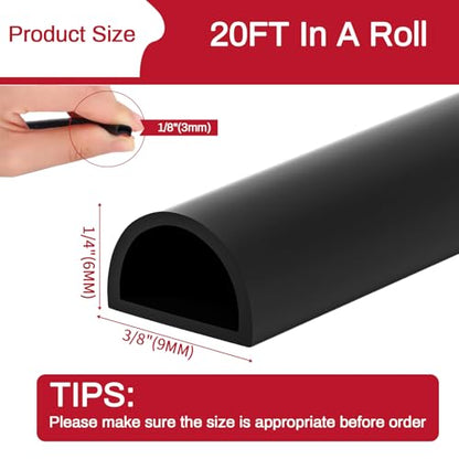 RAINFLOW 20FT Weather Stripping Door Seal - Self Adhesive Door Weather Stripping,D Shaped Silicone Seal Strip for Doors Frame,Window Seals (Black 3/8" W × 1/4" T)