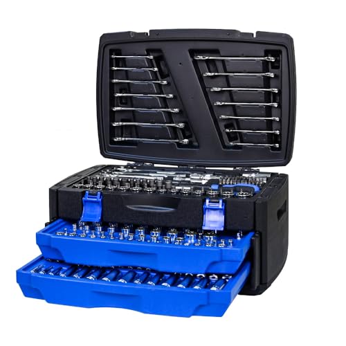Mechanics Tool Set, 266-Piece General Tool Box with Drawer, Professional Hand Tool Kit for Home Repair & Automotive Maintenance, Durable Storage Case, Blue