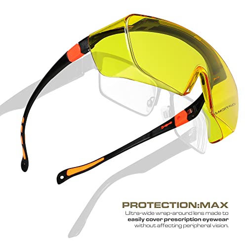 Optic Max Safety Glasses That Fit Over Your Prescription Eyewear. Anti- Fog & Scratch Wraparound Lenses, Adjustable Arms - color: Amber, size: Over The Glasses