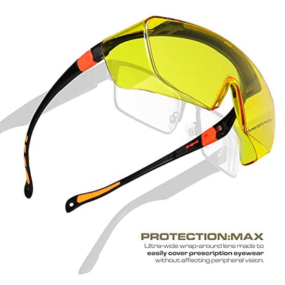 Optic Max Safety Glasses That Fit Over Your Prescription Eyewear. Anti- Fog & Scratch Wraparound Lenses, Adjustable Arms - color: Amber, size: Over The Glasses
