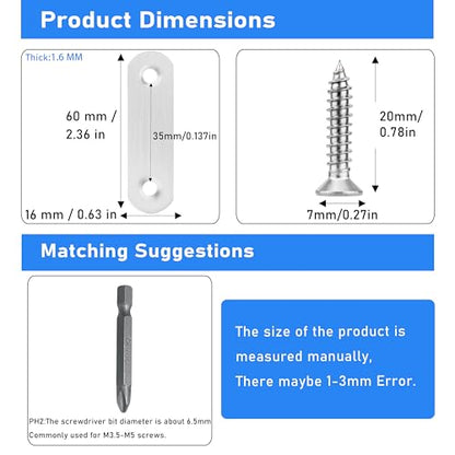 16 Pack Flat Plate Straight Brackets 60MM Stainless Steel Flat Metal Braces,Repair Bracket with Screws - size: 60mm / 16 Pcs