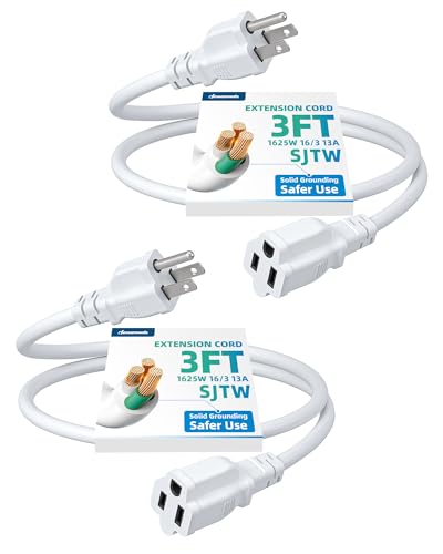 DEWENWILS 3 Foot Extension Cord, 16 AWG SJTW Weatherproof Power Cable for Indoor Use, 3 Prong Grounded Outlets Plugs, ETL Listed, White, 2 Pack - color: White, size: 3 feet