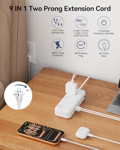2 Prong Power Strip - 2 Prong to 3 Prong Outlet Adapter, 2 Prong Extension Cord with USB C, Surge Protector 1875W with 6 Outlets 3 USB, Three Prong Adapter 5ft, Wall Mount, Non Grounded, Old House - size: 5 FT-Two Prong