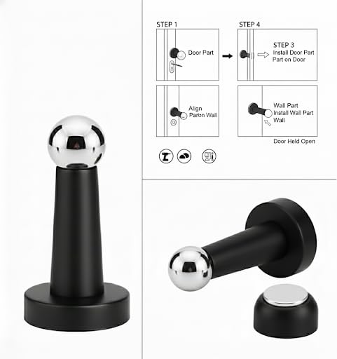 Door Stopper, Heavy Duty Stainless Steel, Strong Magnetic Stop, Catch, Powerful Holder for Bedroom, Bathroom, Kitchen, Keep Your Door Open (Black)