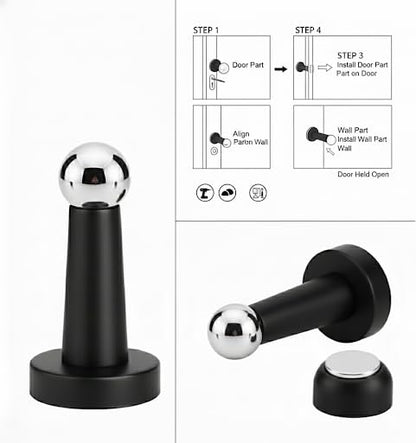 Door Stopper, Heavy Duty Stainless Steel, Strong Magnetic Stop, Catch, Powerful Holder for Bedroom, Bathroom, Kitchen, Keep Your Door Open (Black)