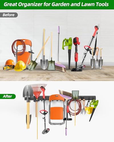 PIYILO 64 inches Garage Tool Organizer Wall Mount, Garden Tool Organizer Rack Heavy Duty, Hanging Storage Organization Racks Holder with 10 Hooks, for Lawn Tools, Shovel, Shed - size: 64 inch 10-Hook