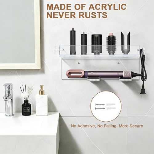 Hair Dryer Holder Wall Mounted, Acrylic Hair Tool Organizer with Curling Iron Holder – Compatible with Dyson Airwrap, Wall Mount Storage for Airwrap Styler, Attachments & Hair Iron Straightener