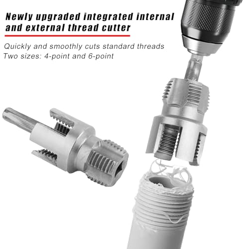 2pcs PVC Pipe Threading Threader Tool Kit, Integrated Internal & External Pipe Thread Cutting Tool with 1/2'' & 3/4'' Dies Set with 2 Roll Seal Raw Tapes for Electric Drill