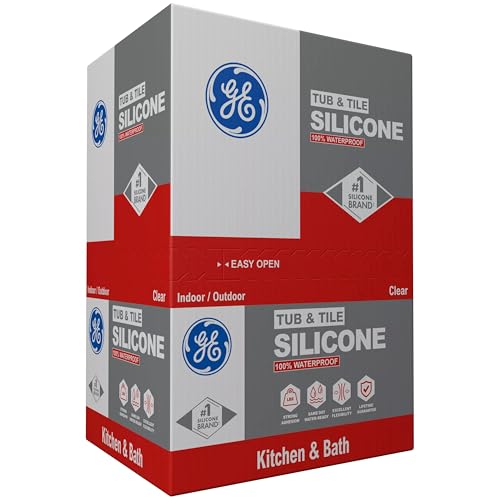 GE Tub and Tile Silicone Caulk for Kitchen and Bathroom -100% Waterproof Silicone Paste, Excellent Flexibility, Shrink and Crack Resistant - 10oz Cartridge, Clear, Pack of 12 - color: Clear, size: 12 Pack
