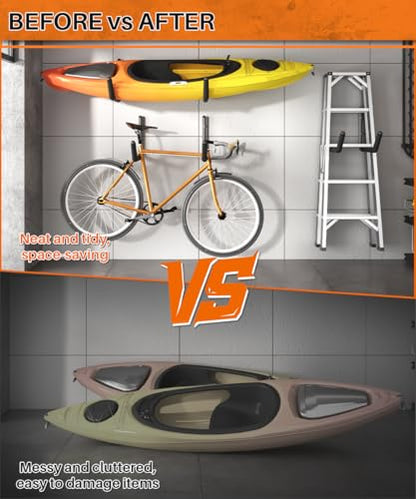Heavy Duty Kayak Storage Rack with EVA Foam & Rubber Bushing, Wall Mount Kayak Hangers Large Hooks for Garage Hanger Canoe, Surfboard, Skiboard, Snowboard, Paddle Board, Ladders, Bike