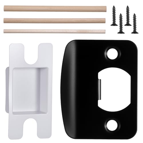 Black Door Strike Plate, Strike Plate with a Snap-Fit Box, 4 Screws and 3 Wooden Sticks, Door Latch Plates, for Doors Frame Repair Kit