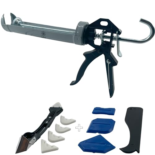 KBX73 Heavy duty 360 swivel barrel caulking dispenser 26:1 thrust ratio quick release trigger dripless 10 oz Professional Manual Caulk applicator (9) piece tool kit
