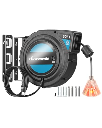DEWENWILS Extension Cord Reel with Twist-lock Stopper, Brighter Triple Tap Outlet Heavy Duty Power Retractable Cord Reel, 180° Swivel Bracket for Ceiling or Wall Mount, ETL Listed, Black - color: Black