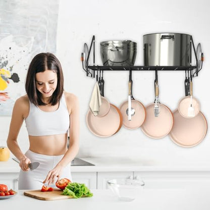 VyGrow 28 Inch Pot Rack Wall Mounted, Pots and Pans Organizer with 12 Hooks and 2 Pot Lid Holders, Heavy Duty Steel Pot and Pan Hanger for Kitchen Cookware Utensils Storage 34.7" Lx13 Wx12.6 H - color: 28"W 1 Tier Black